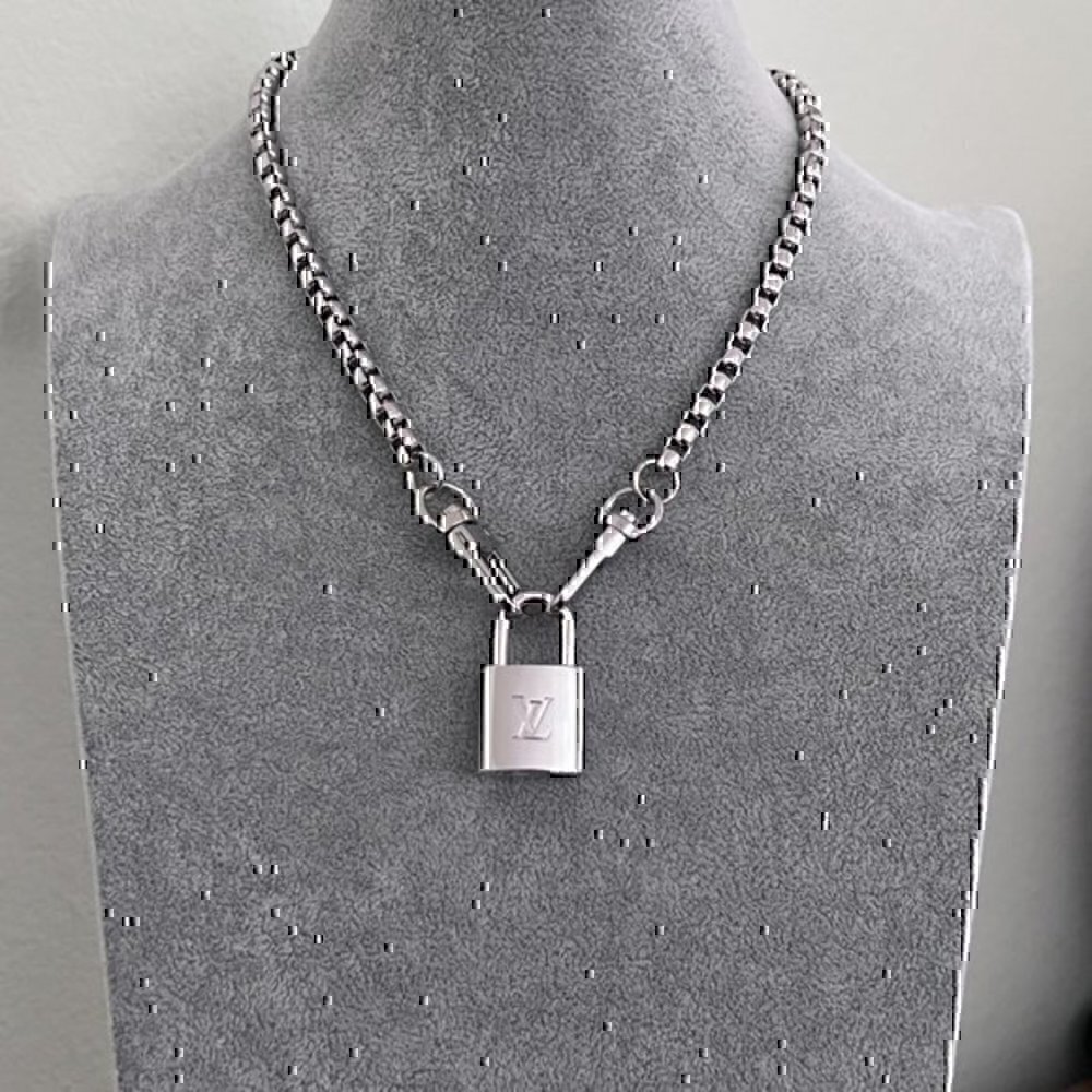 New LV Louis Vuitton Silver-Toned Lock with 18" Box Link Chain Necklace